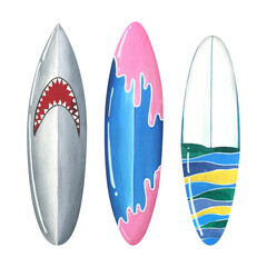 Surfboards are multicolored, gray, pink, blue striped. Watercolor illustration. Isolated objects on a white background from the SURFING collection. For decoration and design, compositions