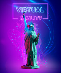 Statue of Liberty using virtual reality glasses, vr Background with neon effect text. 3D rendering