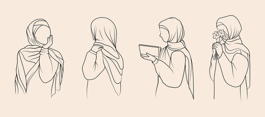 Set of  Line Drawing of Muslim Women with Hijab.  For logo, template icon Hijab Store, Muslim Store etc. Simple minimal line art style.