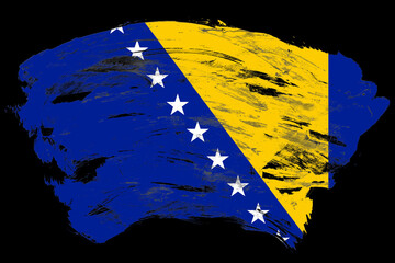 Bosnia and herzegovina flag on distressed black stroke brush background - obrazy, fototapety, plakaty