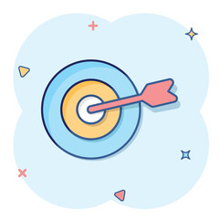 Target aim vector icon in comic style. Darts game cartoon illustration on white isolated background. Dartboard sport target splash effect concept.