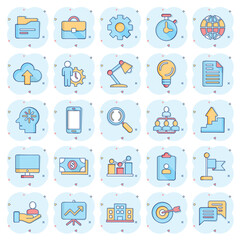 Business icons set in comic style. Finance strategy cartoon vector illustration on white isolated background. Marketing splash effect business concept.