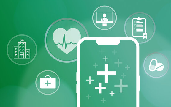 Digitalisierung des Gesundheitssystems, E-Health, Smartphone und Hintergrund mit medizinischen Symbolen, Gesundheitswesen, Gesundheit, Online-Sprechstunde, Videochat, Medikamente, Arzt, Untersuchung