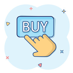 Buy shop icon in comic style. Finger cursor cartoon vector illustration on isolated background. Click button splash effect business concept.