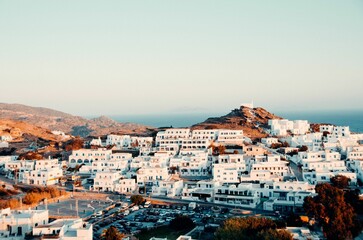 Village with white buildings on Ios island, Greece.