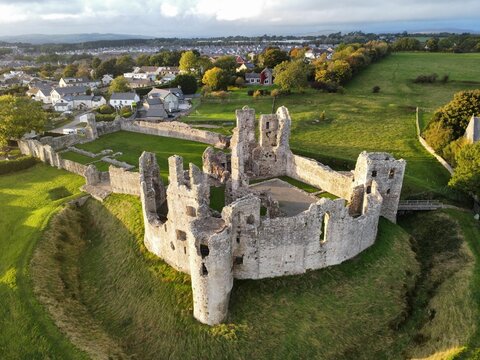 Aerial of the ruins of the Coity castle in South Wales.