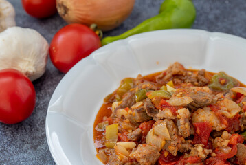 Lamb stew with vegetables. top view.