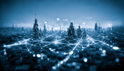 The concept of a high-speed internet connection visualized as cables linking up in a spectacular futuristic and cyberpunk cityscape with skyscrapers. Digital art 3D illustration.