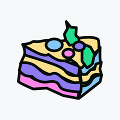 Piece of cake cartoon pin in 80s 90s pop art. Fashion modern stiker with cute funkey fast food elements. Vector Illustration