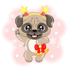 Cute dog pug with a bell Christmas vector illustration