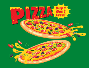 Vector pepperoni pizza slice. Fast food illustration. Buy 1 Get 1 Free.