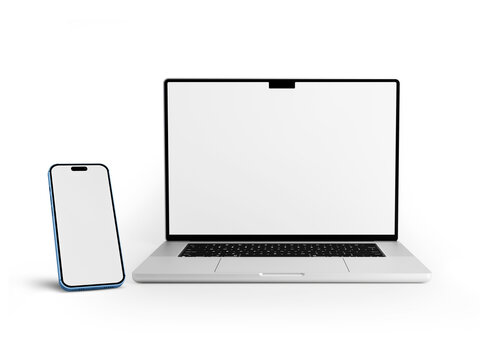 Macbook Pro Laptop and iPhone 14 pro max smartphone in on white background in minimal style for mockup and responsive website.  3D rendered illustration 