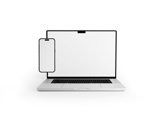 Macbook Pro Laptop and iPhone 14 pro max smartphone in on white background in minimal style for mockup and responsive website.  3D rendered illustration  - obrazy, fototapety, plakaty