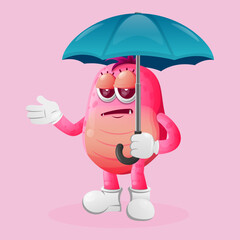 Cute pink monster holding umbrella with bored expression