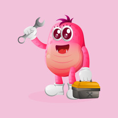 Cute pink monster holding spanner and tolls box