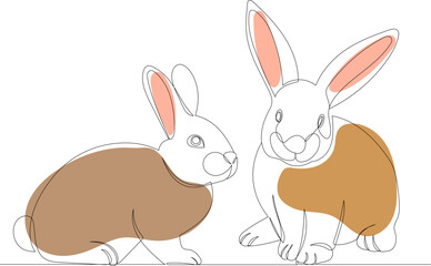rabbits, outline drawing by one continuous line, isolated, vector
