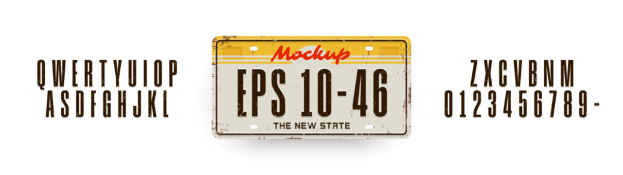 Old License plate constructor. Old License car plates. Embossed latin alphabet, aluminum nameplates with squeezed out abstract numbers and letters. Auto registration vector element