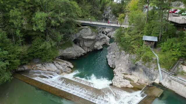 Lechfall Fussen Germany  stepped waterfall overhead drone aerial view