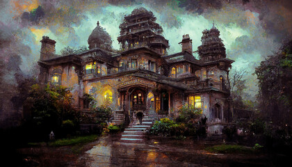 AI generated image of a creepy scary haunted mansion/haveli at the edge of an Indian town