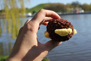 Platypus toy in the hands of a young unrecognizable girl on the background of the lake. Brown...