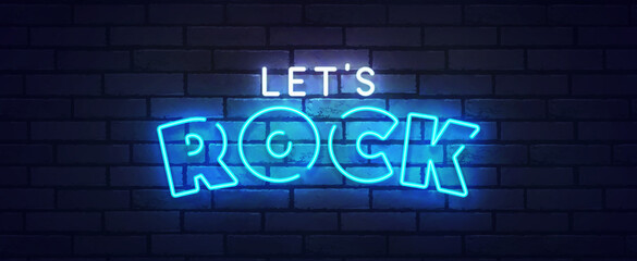 Rock neon sign, bright signboard, light banner. Rock festival. Rock star. Rock n roll party logo neon, emblem. Vector illustration - obrazy, fototapety, plakaty