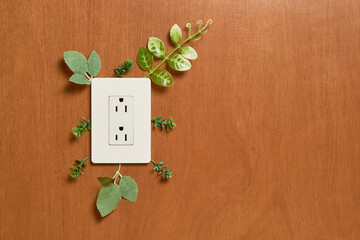 Electrical plug with plants, green electricity concept, renewable energy, sustainability.