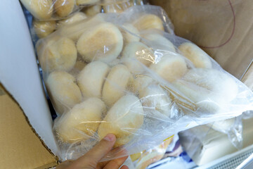 Frozen bread in the refrigerator, loaf, hamburger buns. Refrigerator in the kitchen of the...