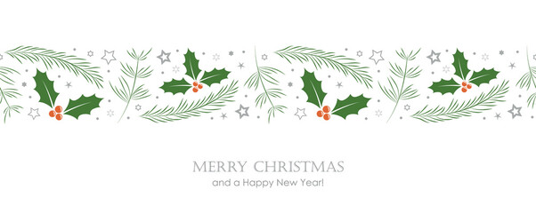 christmas greeting card banner with fir branches and holly berry border