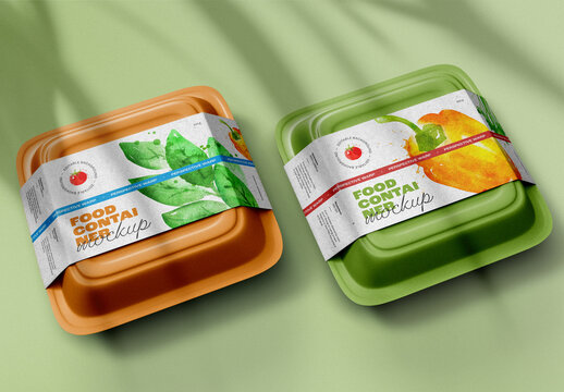Food Container Packaging Mockup &ndash; Dual Tray Setup on Green Surface for Fresh Produce, Takeaway Meals, and Organic Food Branding