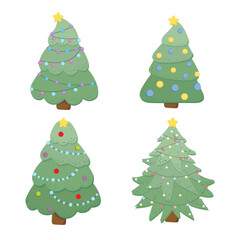 Christmas festive set of decorative Christmas trees decorated with Christmas balls, garlands and stars