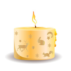 Festive Christmas burning candle with decorative golden animals squirrel reindeer and rabbit