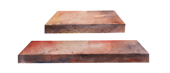 Watercolor wooden shelves. Set of wooden shelves of different sizes