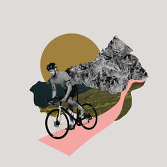 Contemporary art collage. Creative design in retro style. Young sportive man riding bike on...