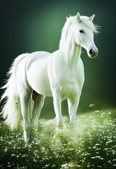 Plakat white horse runs gallop in the field