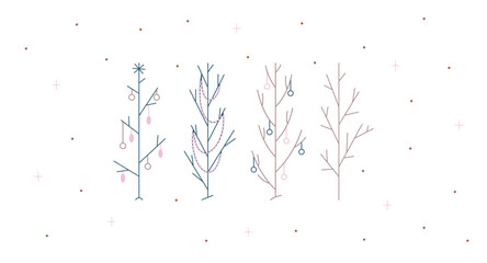 Сhristmas trees set, vector, simple flat illustration, cute, minimalism, line art, blue, brown