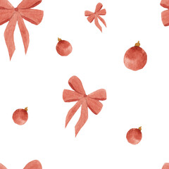 Watercolor pattern with holiday elements, Christmas decorations,. Seamless pattern for new year, christmas, winter holidays.