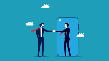 Online agreement. business people shaking hands online vector illustration