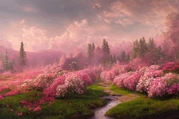 Wall murals Salmon fairy tale landscape with many flowers illustration design. Generative AI