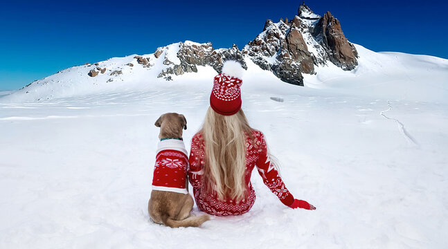 Lovely couple, a woman with a dog is sitting on the snow and looking at the mountain landsca