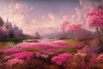 Wall murals Light Pink fairy tale landscape with many flowers illustration design. Generative AI