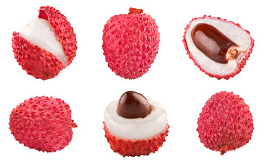 Fresh lychee with slices isolated on white background. clipping path. top view