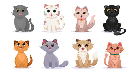 Big set of adorable cats of different breeds. Bundle of purebred domestic pet animals isolated on white background. Cartoon vector illustration with funny and happy kitten characters