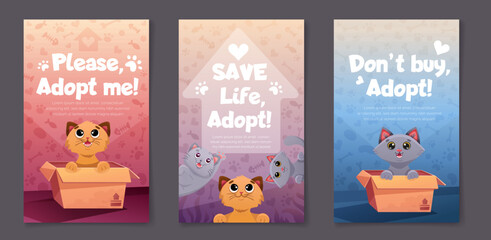 Set of Social media post templates with pet adoption promotion. Adopt me banner with cute cats in box, little kittens and paw print patterns. Vector cartoon illustration for flyer design, web pages.