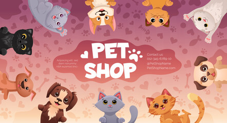 Pet shop banner template with cute pets and animal print patterns. Colorful Poster design with happy dogs and cats, text space. Vector cartoon illustration for veterinary store