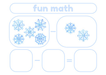 Activity page, sheet for kids. Arithmetic task with snowflakes. Winter game for teaching a child to count. An exercise for learning numbers. A lesson with mathematical examples for a preschooler.