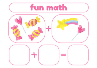 Activity page, sheet for kids. Arithmetic task with sweets and a rainbow. A game for teaching a child to count. An exercise for learning numbers. A lesson with mathematical examples for a preschooler.