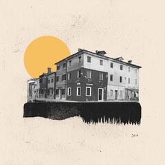 Contemporary art collage. Creative design in retro style. Black and white image of old-style...