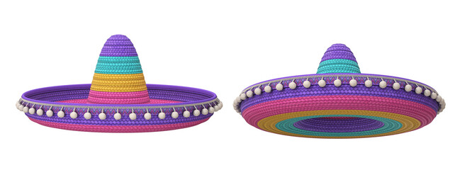 Set of two hats multicolored sombrero on a white background, 3d render - obrazy, fototapety, plakaty