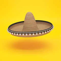 Sombrero hat floating on a yellow background, 3d render