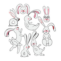 Circle of cute vector graphic little rabbits. Chinese 2023 year symbol, Cute bunny. Year of hare. Cartoon mascot. Smiling adorable character. Cute illustration of wild forest animal isolated 
